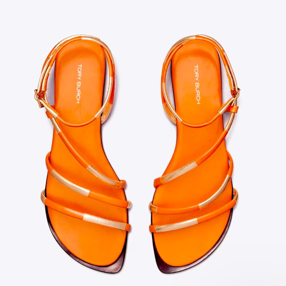 NWT Tory Burch SPLIT MIGNON MULTI-STRAP SANDAL Orange and Gold